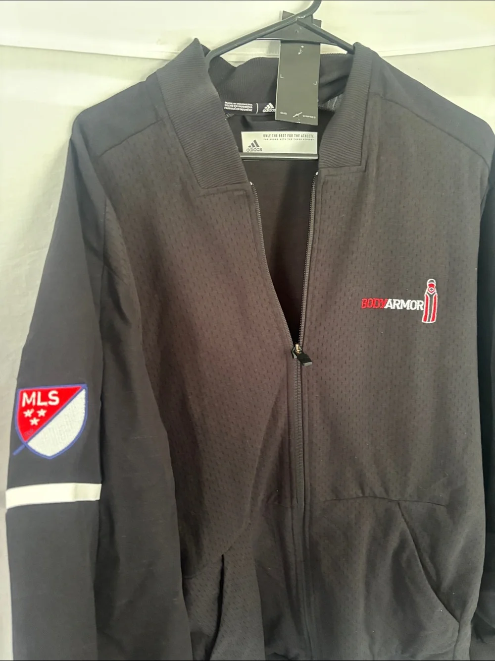 adidas Black BodyArmor Full-Zip Bomber Jacket with MLS Patch. Textured Mesh